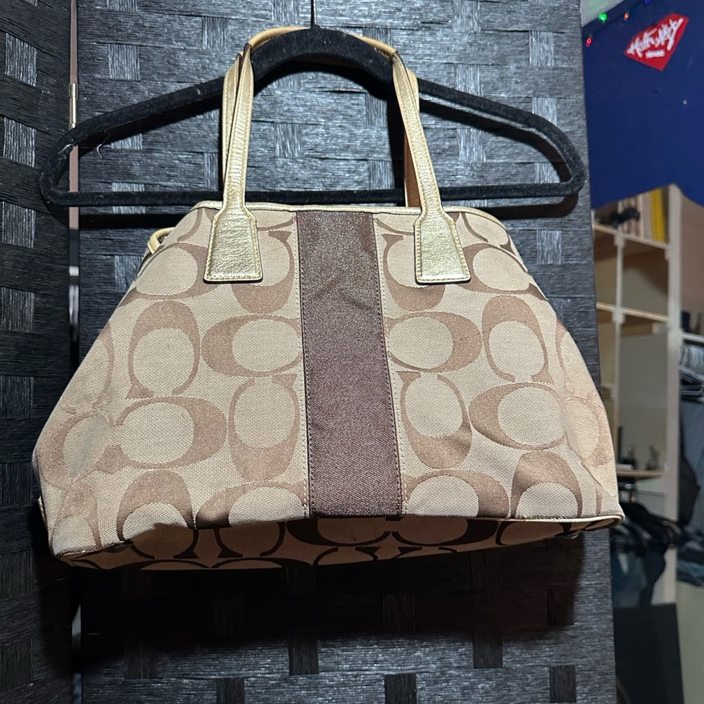 Coach Tan and Brown Shoulder Bag with Signature Monogram
